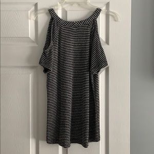 Hayden open shoulder black and gray stripe shirt.